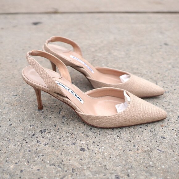 Manolo Blahnik Slingback Mules IT 36.5 Beige Linen Heel SATC Carrie Bradshaw - Picture 4 of 9